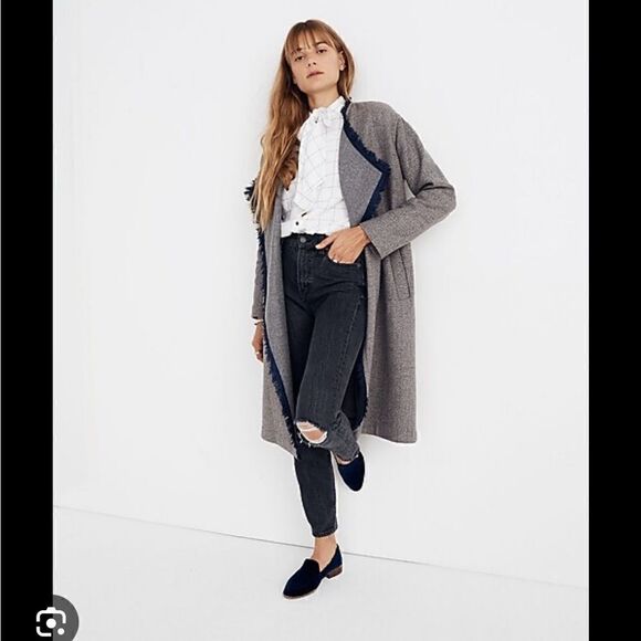 NWT Madewell Fringed Herringbone Robe Coat in Blue/Grey in size Small - Picture 1 of 12
